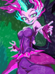 Size: 752x1005 | Tagged: safe, artist:xjleiu, derpibooru import, midnight sparkle, sci-twi, twilight sparkle, equestria girls, friendship games, bare shoulders, clothes, dress, fangs, sleeveless, solo, strapless