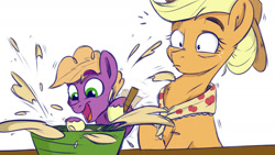 Size: 1280x720 | Tagged: safe, artist:rutkotka, derpibooru import, applejack, little mac, pony, aunt and nephew, bowl, dough, granny smith's shawl, mixing bowl, older, older applejack