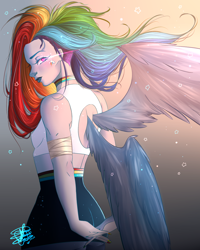 Size: 1080x1350 | Tagged: safe, artist:maygeoh, derpibooru import, rainbow dash, human, alternative cutie mark placement, arm behind back, facial cutie mark, female, humanized, sleeveless, solo, winged humanization, wings