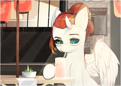 Size: 4093x2894 | Tagged: safe, artist:sugarelement, derpibooru import, oc, oc:red cherry, pegasus, pony, blue eyes, cafe, drinking, lantern, red mane, solo