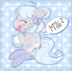 Size: 1280x1270 | Tagged: safe, artist:irennecalder, derpibooru import, oc, earth pony, pony, chibi, clothes, female, mare, milk, socks, solo