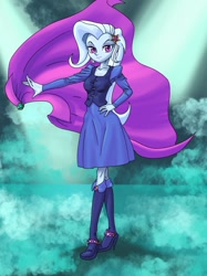 Size: 737x983 | Tagged: safe, artist:xjleiu, derpibooru import, trixie, equestria girls, ankle boots, cape, clothes, dress, hairpin, hand on hip, solo