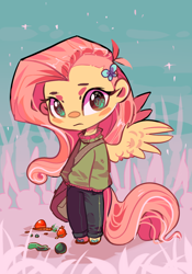 Size: 700x1000 | Tagged: safe, artist:duckjifs246, derpibooru import, fluttershy, human, chibi, clothes, female, humanized, looking at you, solo, sweater, tailed humanization, winged humanization, wings