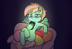 Size: 2800x1900 | Tagged: safe, artist:shinycyan, oc, oc only, oc:sapphie, pegasus, pony, bags under eyes, blue eyes, cellphone, chest fluff, female, glasses, green coat, incorrect leg anatomy, looking at something, mare, phone, pillow, smartphone, sofa, solo, two toned mane, two toned tail, unshorn fetlocks, vibing, wings