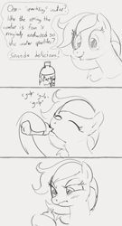 Size: 692x1280 | Tagged: safe, artist:dotkwa, oc, oc only, earth pony, pony, 3 panel comic, comic, deception, dialogue, disgusted, drink, drinking, female, grayscale, hoof hold, mare, monochrome, onomatopoeia, open mouth, scrunchy face, solo, sound effects, water bottle