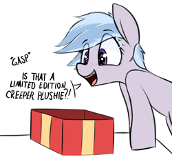 Size: 1078x981 | Tagged: safe, artist:pinkberry, oc, oc:winter azure, earth pony, pony, box, colt, excited, eyelashes, femboy, male, present, sparkly eyes, trap, wingding eyes