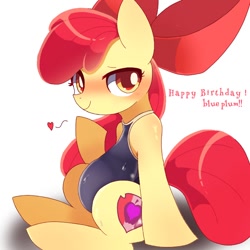 Size: 768x768 | Tagged: safe, artist:erufi, derpibooru import, apple bloom, earth pony, pony, blushing, clothes, female, filly, floating heart, happy birthday, heart, looking at you, offscreen character, one-piece swimsuit, pov, solo, swimsuit