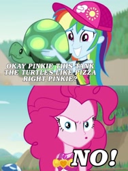 Size: 1717x2284 | Tagged: safe, derpibooru import, edit, edited screencap, screencap, pinkie pie, rainbow dash, tortoise, turtle, aww... baby turtles, better together, equestria girls, friendship math, angry, angry pinkie pie, clothes, no, pinkie pie is not amused, pinkie rage, swimsuit, unamused