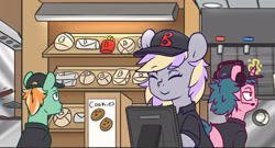 Size: 1906x1032 | Tagged: safe, alternate version, artist:chub-wub, derpibooru import, oc, oc only, earth pony, pony, unicorn, burger, cash register, clothes, drink, eyes closed, fast food, female, food, french fries, glowing horn, hat, headset, horn, magic, male, mare, soda, stallion, trio, uniform, unnamed oc