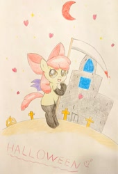 Size: 1389x2048 | Tagged: safe, artist:applebloomlove, derpibooru import, apple bloom, castle, female, filly, halloween, heart, holiday, pumpkin, scythe, solo