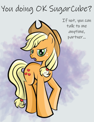 Size: 2550x3300 | Tagged: safe, artist:vareb, derpibooru import, applejack, earth pony, cel shading, looking at you, positive ponies, ryzada, shading, talking to viewer, text