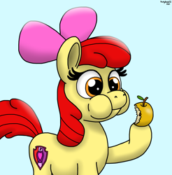 Size: 2325x2367 | Tagged: safe, artist:darkyboode32, derpibooru import, apple bloom, earth pony, pony, apple, apple bloom's bow, bow, cutie mark, eating, female, filly, food, golden apple, hair bow, simple background, solo, the cmc's cutie marks, video game reference