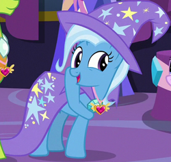 Size: 610x578 | Tagged: safe, derpibooru import, screencap, starlight glimmer, thorax, trixie, changedling, changeling, pony, unicorn, celestial advice, season 7, cape, clothes, cropped, equestrian pink heart of courage, female, hat, king thorax, mare, offscreen character, solo focus, trixie's cape, trixie's hat