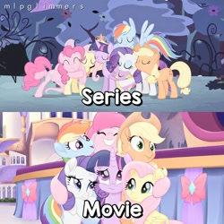 Size: 1080x1080 | Tagged: safe, derpibooru import, edit, edited screencap, editor:mlpglimmers, screencap, applejack, fluttershy, pinkie pie, rainbow dash, rarity, spike, twilight sparkle, twilight sparkle (alicorn), alicorn, dragon, earth pony, pegasus, pony, unicorn, my little pony: the movie, princess twilight sparkle (episode), season 4, ^^, applejack's hat, big crown thingy, canterlot castle, clothes, cowboy hat, element of generosity, element of honesty, element of kindness, element of laughter, element of loyalty, element of magic, elements of harmony, eyes closed, female, flying, group hug, hat, hug, jewelry, male, mane seven, mane six, mare, open mouth, regalia, smiling, we got this together