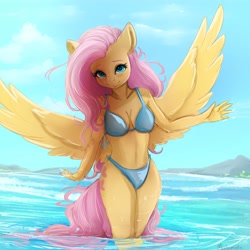 Size: 4000x4000 | Tagged: safe, artist:miokomata, derpibooru import, fluttershy, anthro, pegasus, absolute cleavage, beach, bikini, blushing, breasts, cleavage, clothes, female, freckles, freckleshy, hootershy, legs in the water, legs together, looking at you, mare, solo, spread wings, swimsuit, wading, water, wings