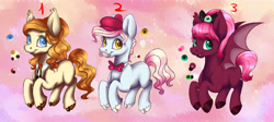 Size: 6195x2772 | Tagged: safe, artist:eperyton, derpibooru import, oc, oc only, bat pony, earth pony, pony, abstract background, bat pony oc, bat wings, bowtie, cloven hooves, colored hooves, earth pony oc, facial hair, female, hat, male, mare, moustache, smiling, stallion, wings