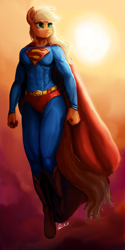 Size: 3000x6000 | Tagged: safe, artist:raphaeldavid, derpibooru import, applejack, anthro, unguligrade anthro, app-el, applejacked, cape, clothes, crossover, flying, messy mane, muscles, signature, solo, sun, sunset, superman, supermare