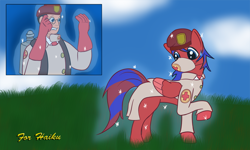 Size: 1250x750 | Tagged: safe, artist:ryusuta, derpibooru import, human, pony, clothes, cloud, crossover, duo, hat, looking back, male, medic, outdoors, ponified, raised hoof, raised leg, stallion, sweat, sweatdrop, team fortress 2, transformation, two toned wings, wings