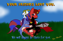 Size: 1187x779 | Tagged: safe, artist:ryusuta, derpibooru import, oc, bat pony, earth pony, pony, bat pony oc, bat wings, cloud, crying, earth pony oc, hat, horns, hug, male, medic, outdoors, ponified, smiling, stallion, team fortress 2, tears of joy, wings