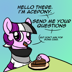 Size: 800x800 | Tagged: safe, artist:thedragenda, derpibooru import, oc, oc only, oc:ace, oc:ace pony, earth pony, pony, asexual, asexual pride flag, ask-acepony, cake, female, food, mare, pride, pride ponies, solo