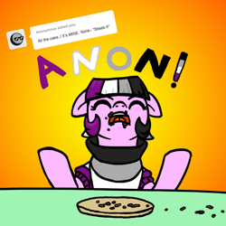 Size: 800x800 | Tagged: safe, artist:thedragenda, derpibooru import, oc, oc only, oc:ace, oc:ace pony, earth pony, pony, anonymous, ask-acepony, cake, crumbs, female, food, mare, pride, solo, stealing
