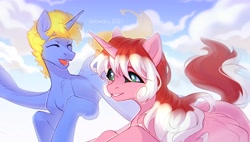 Size: 3000x1700 | Tagged: safe, artist:fenwaru, derpibooru import, oc, oc only, alicorn, pony, alicorn oc, duo, horn, wings