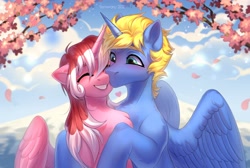 Size: 3700x2480 | Tagged: safe, artist:fenwaru, derpibooru import, oc, oc only, alicorn, pony, alicorn oc, cloud, duo, horn, kissing, wings