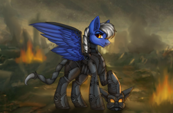 Size: 2106x1383 | Tagged: safe, artist:ondrea, derpibooru import, oc, oc:maverick, pegasus, pony, fallout equestria, armor, blue, disaster, enclave, enclave armor, male, power armor, solo, stallion