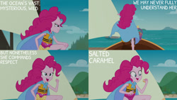Size: 1280x720 | Tagged: safe, derpibooru import, edit, edited screencap, editor:quoterific, screencap, pinkie pie, human, equestria girls, equestria girls series, the salty sails, beach, boat, cape, clothes, female, lifejacket, one-piece swimsuit, open mouth, ship, solo, superhero, swimsuit