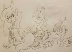 Size: 1280x917 | Tagged: safe, artist:virussy, derpibooru import, oc, oc only, oc:amelia, bat pony, pony, lying down, monochrome, prone, traditional art