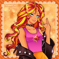 Size: 1024x1024 | Tagged: safe, artist:tiramichii, derpibooru import, sunset shimmer, equestria girls, abstract background, bare shoulders, choker, clothes, cute, female, jacket, kotobukiya, looking at you, off shoulder, shimmerbetes, sleeveless, smiling, solo, sparkles, spiked choker