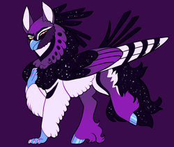 Size: 2600x2200 | Tagged: safe, artist:loryska, derpibooru import, oc, hippogriff, colored wings, interspecies offspring, magical lesbian spawn, multicolored wings, offspring, parent:princess luna, parent:queen novo, parents:lunovo, purple background, simple background, solo, wings