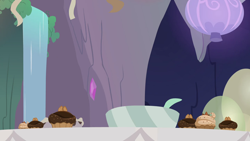 Size: 1280x720 | Tagged: safe, derpibooru import, screencap, season 9, student counsel, background, bowl, cupcake, food, maud's cave, no pony, scenic ponyville, waterfall