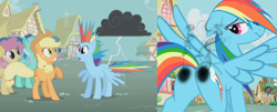 Size: 1400x563 | Tagged: safe, derpibooru import, applejack, blue october, blueberry muffin, dizzy twister, lyra heartstrings, orange swirl, rainbow dash, trixie, boast busters, abuse, bedroom eyes, burned, burned butt, burned butt fetish, butt, buttcheeks, dashabuse, electrixie, featureless crotch, female, fetish, head turn, hot buns, implied trixie, irritated, lightning, literal butthurt, not amused face, on fire, outdoors, pain, plot, ponyville, pun, rainbow dash is not amused, scorched, shocked, singed, smiling, smoke, spread wings, stormcloud, stupid sexy rainbow dash, this ended in fire, this is going to hurt, unamused, visual pun, we don't normally wear clothes, wings