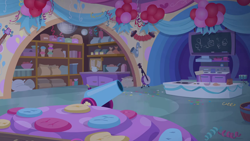Size: 1280x720 | Tagged: safe, derpibooru import, screencap, student counsel, background, balloon, chalkboard, classroom, liminal space, night, no pony, party cannon, scenic ponyville, school of friendship