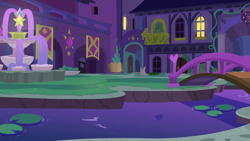 Size: 1280x720 | Tagged: safe, derpibooru import, screencap, student counsel, background, bridge, fountain, night, no pony, scenic ponyville, school of friendship, water lily