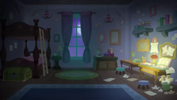 Size: 1280x720 | Tagged: safe, derpibooru import, screencap, student counsel, background, bed, bedroom, book, desk, ladder, moon, night, no pony, scenic ponyville, school of friendship