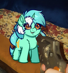 Size: 3438x3686 | Tagged: safe, artist:witchtaunter, derpibooru import, lyra heartstrings, pony, unicorn, chest fluff, cute, ear fluff, ears, faic, gun, handgun, irl, l.u.l.s., lyrabetes, meme, oblivious, offscreen character, offscreen human, photo, ponies in real life, ponified, ponified meme, revolver, smiling, threatening, weapon