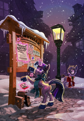 Size: 1800x2589 | Tagged: safe, artist:harwick, derpibooru import, mr. waddle, twilight sparkle, unicorn twilight, pony, unicorn, bag, butt, clothes, commission, fanfic art, gloves, glowing horn, horn, open mouth, saddle bag, scarf, snow, snowfall, streetlight, twibutt, winter