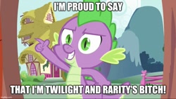 Size: 885x500 | Tagged: safe, derpibooru import, edit, edited screencap, screencap, spike, dragon quest, bitch, i can't believe it's not useraccount, imgflip, implied rarity, implied twilight sparkle, male, meme, op is trying too hard, pointing, smiling, solo, vulgar