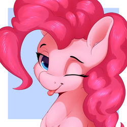 Size: 2400x2400 | Tagged: safe, artist:aquaticvibes, derpibooru import, pinkie pie, earth pony, pony, abstract background, ear fluff, ears, female, looking at you, mare, one eye closed, simple background, smiling, smiling at you, tongue, tongue out, wink, winking at you