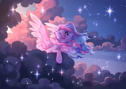 Size: 2048x1448 | Tagged: safe, artist:shore2020, derpibooru import, oc, oc only, pegasus, pony, cloud, constellation, female, looking up, mare, open mouth, solo, spread wings, stars, windswept mane, wings