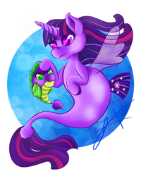 Size: 2190x2738 | Tagged: safe, artist:xenyu, derpibooru import, spike, twilight sparkle, twilight sparkle (alicorn), alicorn, fish, pony, seapony (g4), blue background, bubble, clothes, dorsal fin, female, fin wings, fish tail, flowing mane, flowing tail, green eyes, looking at each other, male, purple eyes, seaponified, seapony twilight, see-through, signature, simple background, smiling, species swap, tail, transparent background, underwater, water, wings