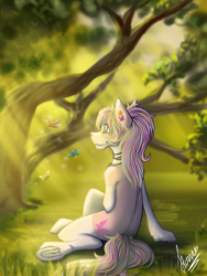 Size: 3000x4000 | Tagged: safe, artist:stirren, derpibooru import, oc, oc only, oc:bijou butterfly, earth pony, crepuscular rays, forest, looking away, sitting, solo, tree