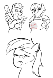 Size: 442x642 | Tagged: safe, artist:jargon scott, derpibooru import, bow hothoof, rainbow dash, windy whistles, pegasus, baseball bat, black and white, dented dash, female, grayscale, male, mare, monochrome, neo noir, partial color, pregnant, simple background, stallion, white background