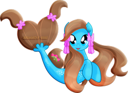 Size: 2873x2088 | Tagged: safe, artist:jucamovi1992, derpibooru import, oc, oc only, seapony (g4), blue eyes, brown mane, dorsal fin, female, fish tail, flowing mane, flowing tail, looking at you, open mouth, open smile, ribbon, simple background, smiling, smiling at you, solo, tail, transparent background