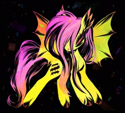 Size: 2048x1854 | Tagged: safe, artist:enullib, fluttershy, bat pony, pony, bat wings, black background, fangs, female, looking at you, pink mane, pink tail, red eyes, simple background, solo, species swap, unshorn fetlocks