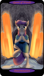 Size: 1500x2591 | Tagged: safe, artist:sixes&sevens, derpibooru import, part of a set, maud pie, earth pony, pony, bipedal, cave, crystal, female, mare, minor arcana, queen of wands, solo, standing, standing on one leg, tarot card, water