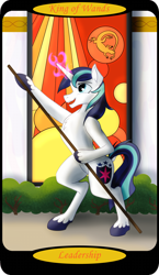Size: 1500x2591 | Tagged: safe, artist:sixes&sevens, derpibooru import, part of a set, shining armor, pony, unicorn, bipedal, bipedal leaning, bush, glowing horn, horn, king of wands, leaning, magic, magic aura, male, minor arcana, outdoors, solo, staff, stained glass, stallion, tarot card