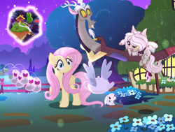 Size: 1600x1212 | Tagged: safe, artist:magicstarshine12, derpibooru import, discord, fluttershy, oc, angel, draconequus, hybrid, pegasus, pony, rabbit, animal, base used, deviantart watermark, draconequus oc, eyelashes, female, interspecies offspring, male, mare, night, obtrusive watermark, offspring, outdoors, parent:discord, parent:fluttershy, parents:discoshy, portal, show accurate, stars, teapot, watermark, wide eyes, wings